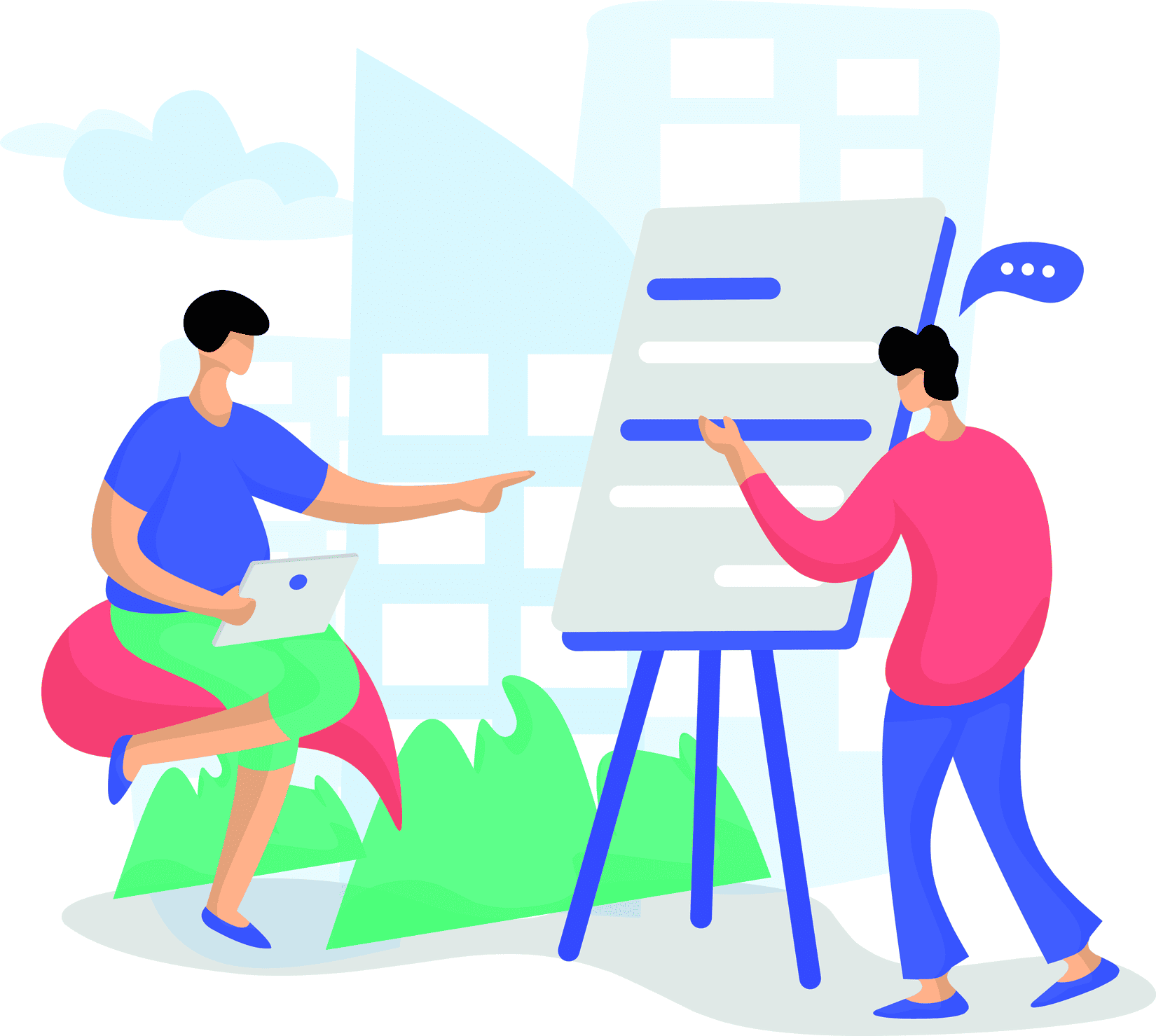 Personnes réunies autour d'un tableau illustrant l'objectif de former