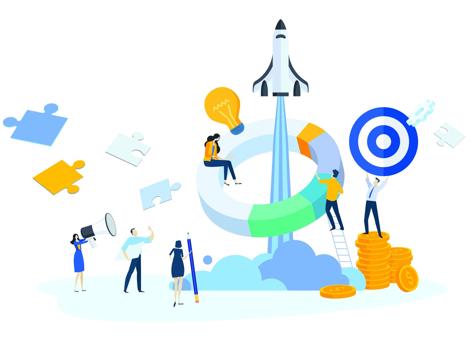 Personnes réunies autour d'une fusée illustrant l'objectif de certifications